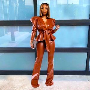 PU LEATHER LONG SLEEVE TWO PIECE PANTS SET